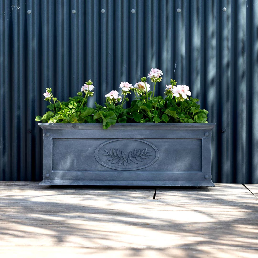 trough pots for plants Embossed Zinc Metal Trough Planter | Tuscan Style | Aged Galvanized Steel | Olive Leaf Motif | Garden Trough | (W)31.5 inch