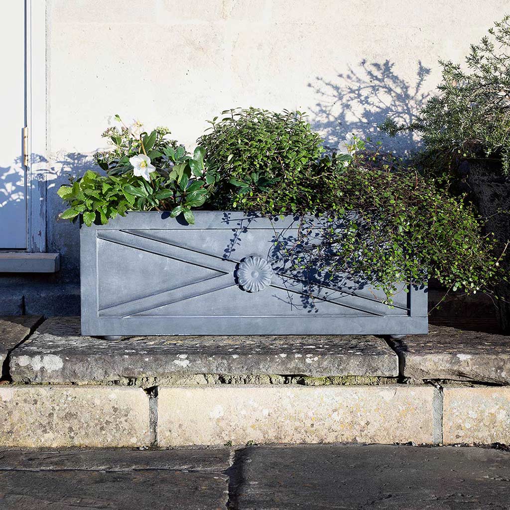 hanging trough planter Embossed Zinc Metal Trough Planter | Georgian Style | Aged Galvanized Steel | Long Outdoor Garden Trough | 31.5 inch Width