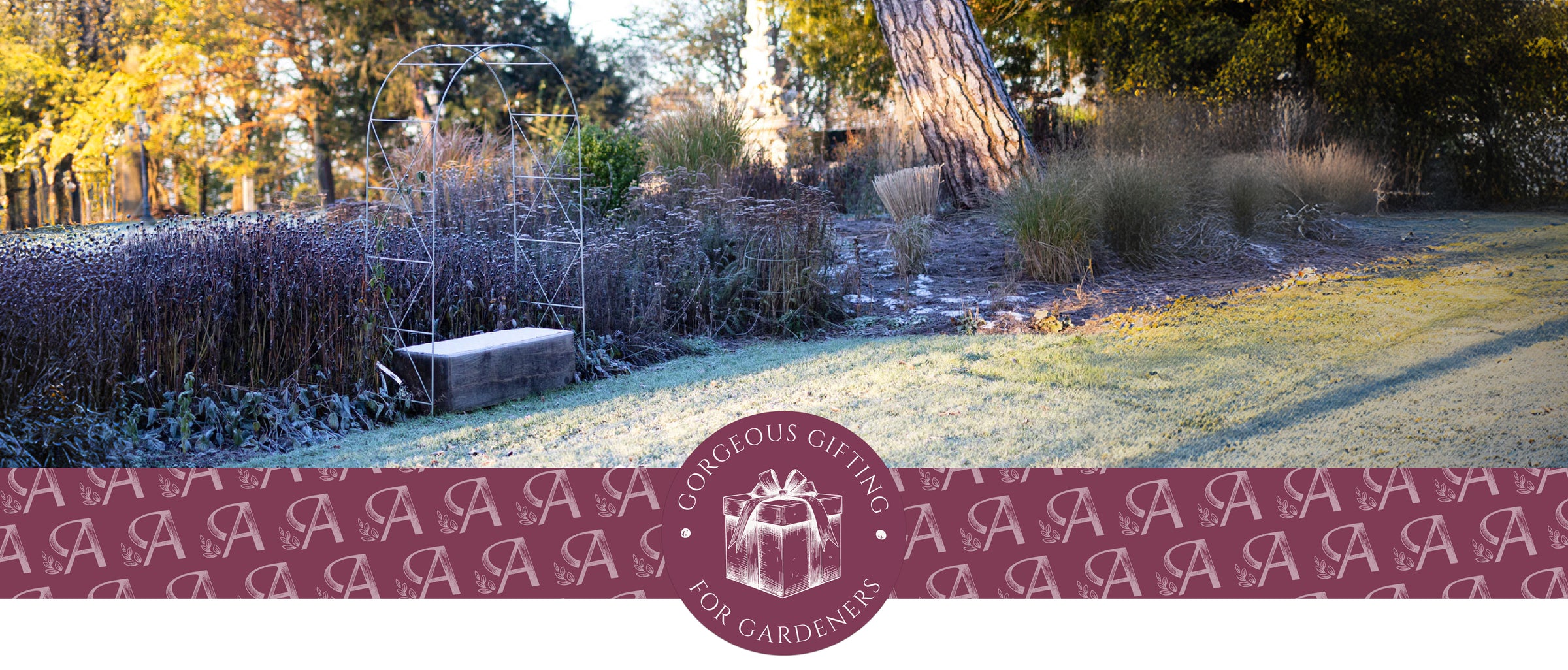 Garden scene with a decorative border featuring Gifting for Gardeners