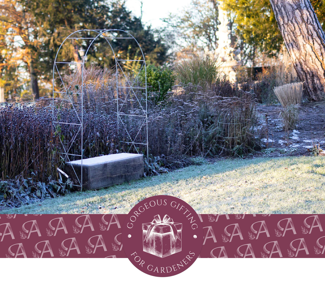 Frosty garden scene with metal arches and text overlay 'Gorgeous Gifting for Gardeners'.