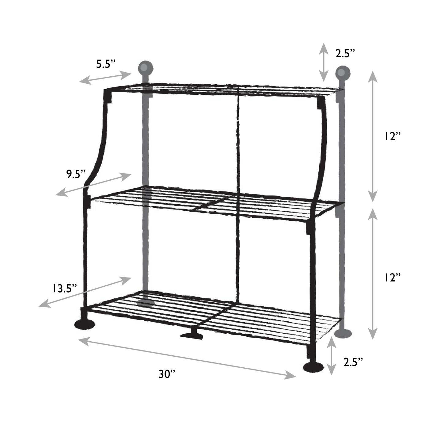 Measurement chart of a three-tier metal shelf with dimensions labeled.