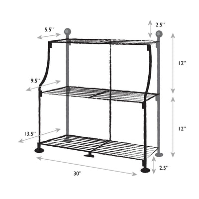 Measurement chart of a three-tier metal shelf with dimensions labeled.