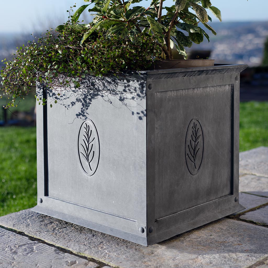 iron planter pots Square Olive Leaf Zinc Metal Planter | English Design - Tuscan Inspired | Aged Galvanized Steel | 18 inch