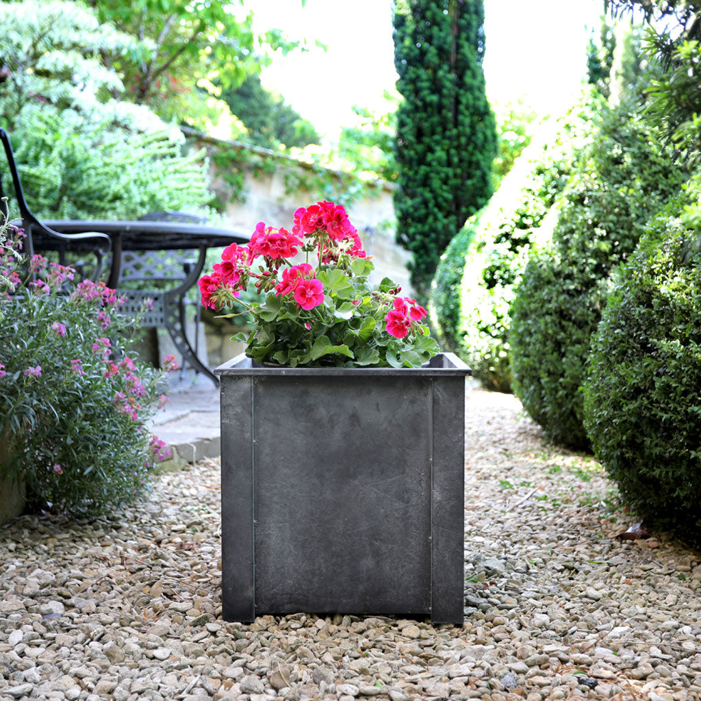 zinc planter pots Square Vintage Zinc Metal Planter | English Design | Aged Galvanized Steel | Weatherproof | 15.5 inch