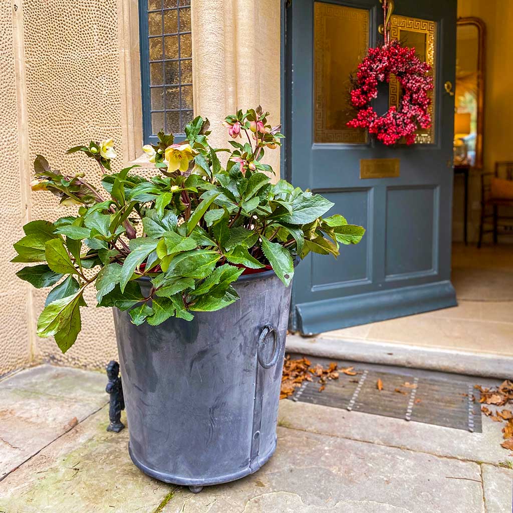 Floral arrangement in a zinc planter outside a house with a wreath on the door.