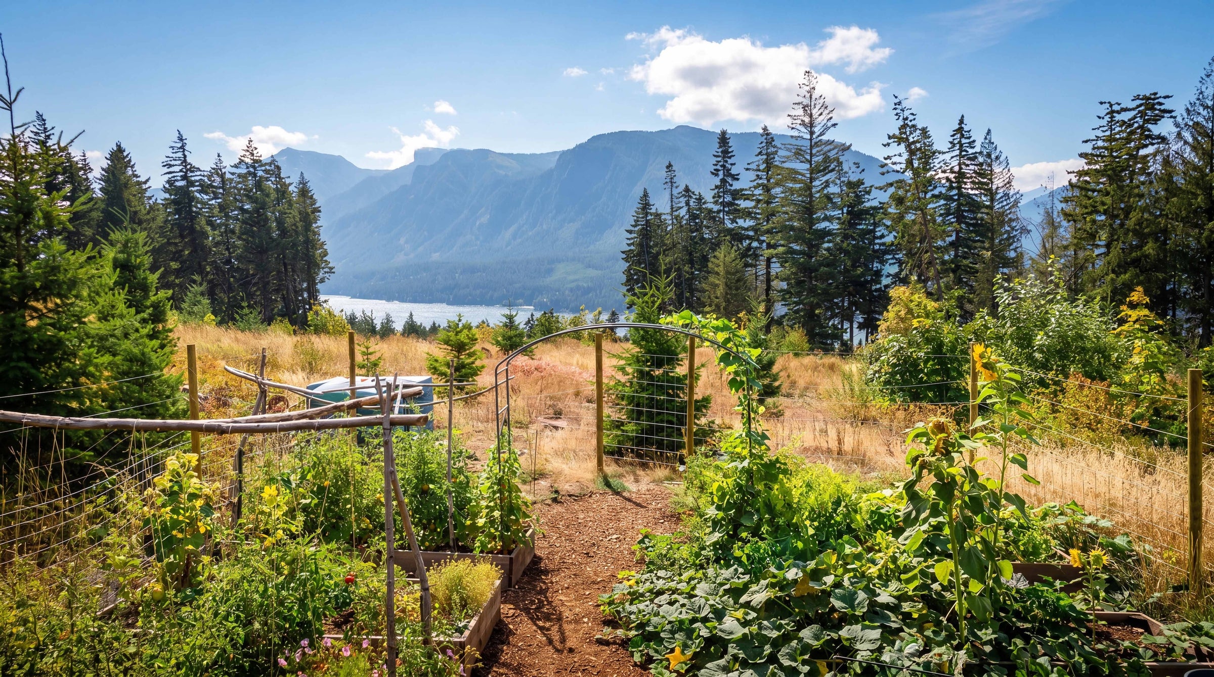 Agriframes Monet Arch in a large kitchen garden, backdropped by a river and mountain.