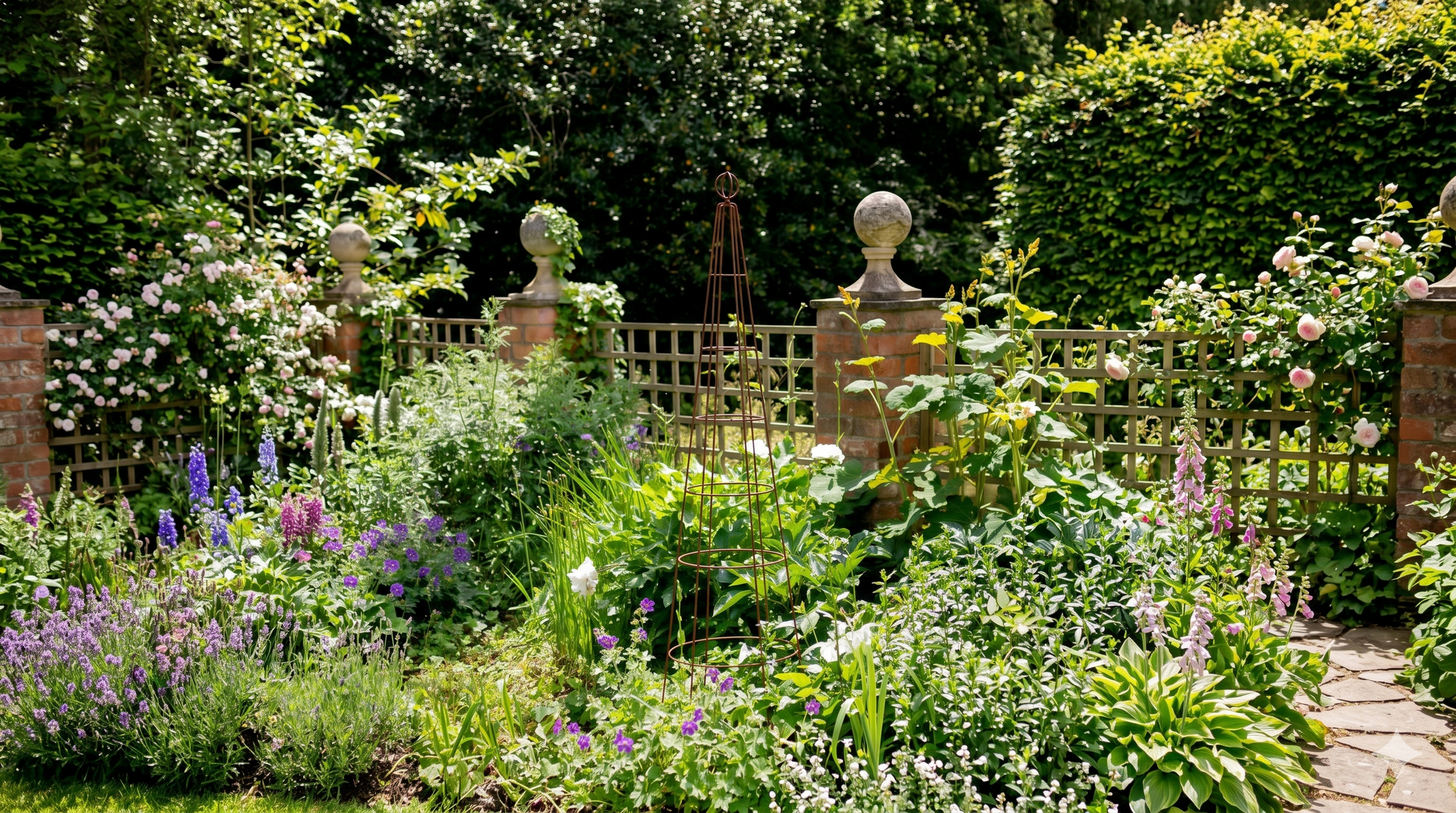 Agriframes Salisbury Obelisk installed in a flowerbed in front of a stone fence