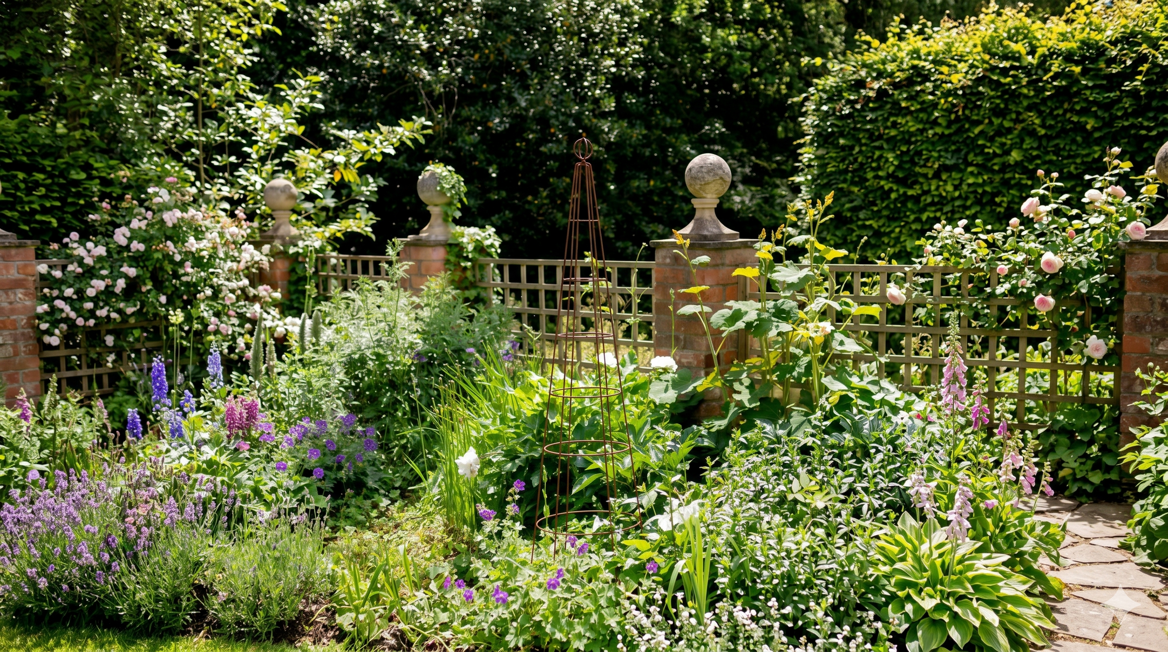 Agriframes Salisbury Obelisk installed in a flowerbed in front of a stone fence